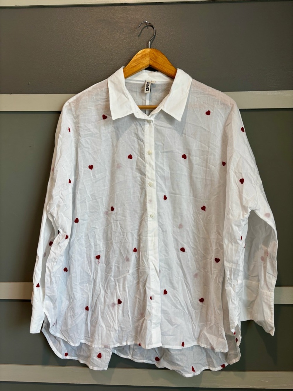 O'Neill White Button-Down Shirt with Red Heart Motif